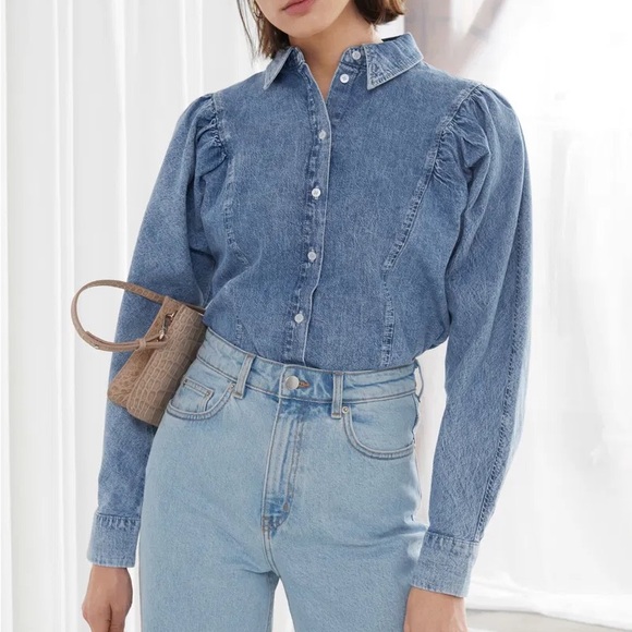 & Other Stories Tops - & Other Stories Puff Shoulder Cotton Denim Collared Button Down Shirt size 0